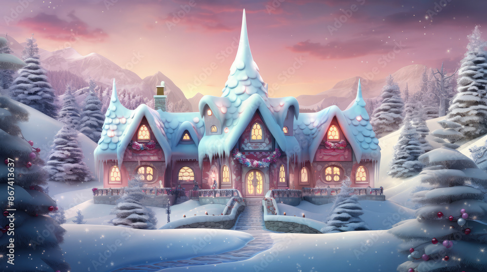 Fototapeta premium Magical winter holiday weekend. Happy holiday house. 小hristmas holiday landscape. Cottage in the forest on snowy bokeh background. Fantasy winter forest landscape, house. Digital art, generative ai