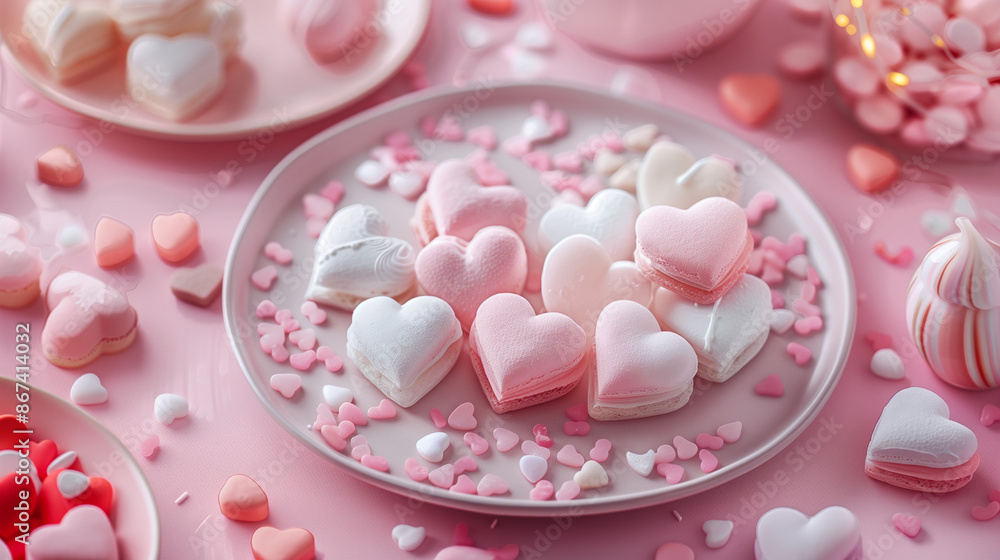 Heart-shaped desserts against a pink party background, Valentine's Day, variety of desserts, pink and white sugar hearts, love background Heart-shaped desserts against a pink party background, Valentine's Day, variety of desserts, pink and white sugar hearts, love background