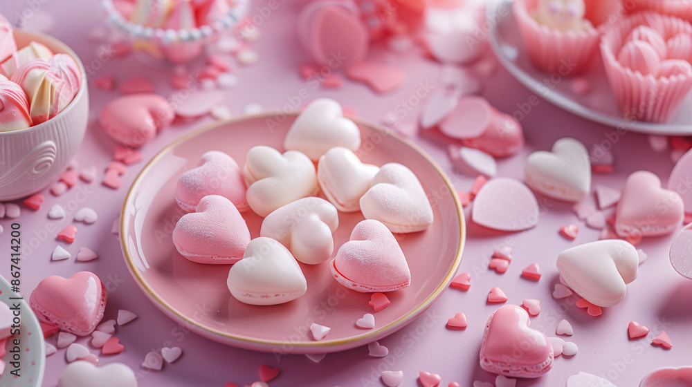 Heart-shaped desserts against a pink party background, Valentine's Day, variety of desserts, pink and white sugar hearts, love background Heart-shaped desserts against a pink party background, Valentine's Day, variety of desserts, pink and white sugar hearts, love background