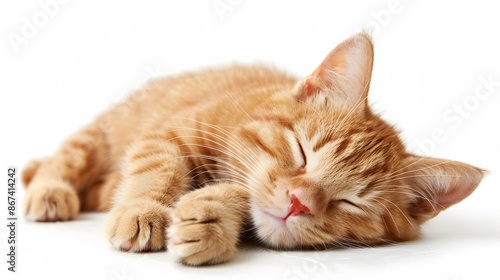 Sleeping red cat on white background. 