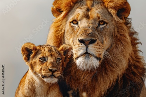 A pair of majestic lions standing side by side