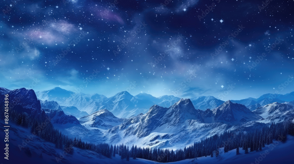 Magical Milky Way above mountains at night in winter. Gorgeous Mountain winter Landscape with valley, clouds and starry sky with milky way., generative ai Magical Milky Way above mountains at night in winter. Gorgeous Mountain winter Landscape with valley, clouds and starry sky with milky way., generative ai
