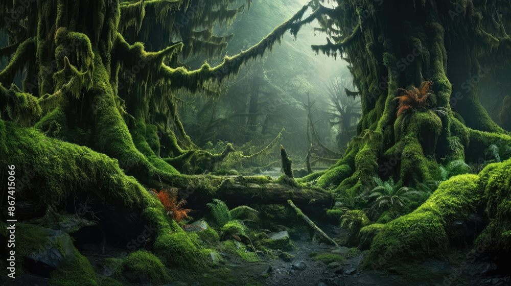 Mysterious mystical mossy forest with amazing redwoods. panoramic natural scenery for mysterious background, generative ai Mysterious mystical mossy forest with amazing redwoods. panoramic natural scenery for mysterious background, generative ai