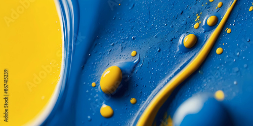 Streams of yellow and blue paint close-up