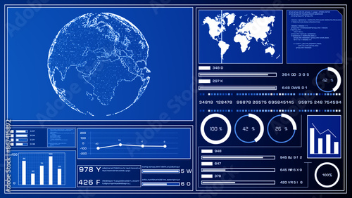 Infographic business and futuristic data dashboard with global map, Detailed earth model. Blue and dark color, Abstract background, 3D rendering.