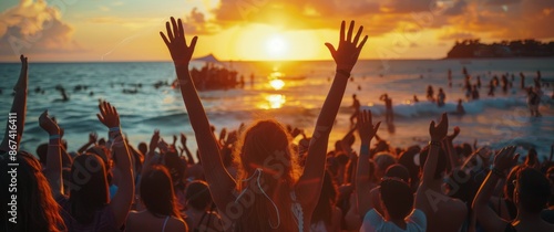 Crowd Celebrates at Beach During Golden Hour Sunset