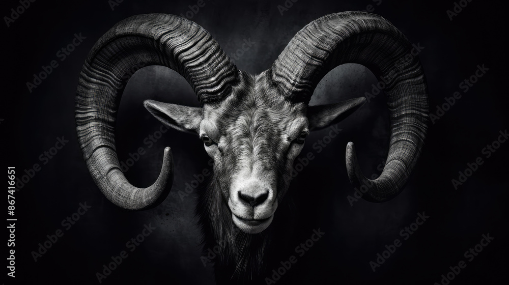 Ram or sheep animal, Close up of head and horns of a wild big horned, isolated black white., generative ai Ram or sheep animal, Close up of head and horns of a wild big horned, isolated black white., generative ai