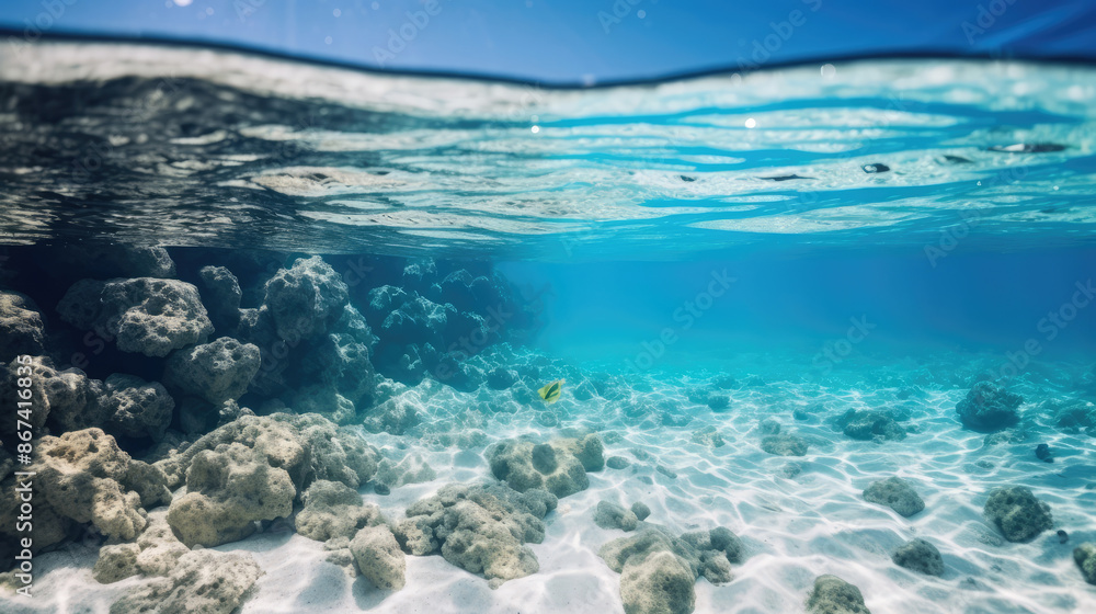 Tropical sandy beach with rocks. Split view above and below water surface. Ocean foam macro, white sand, stones with narrow focus background. Travel and vacation concept, generative ai Tropical sandy beach with rocks. Split view above and below water surface. Ocean foam macro, white sand, stones with narrow focus background. Travel and vacation concept, generative ai
