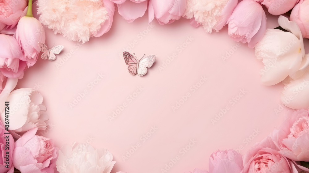 Greeting card mockup. Wedding floral frame or border with elegant rose flowers, tulips, pearls and butterflies on a pale pink background, place for text., generative ai Greeting card mockup. Wedding floral frame or border with elegant rose flowers, tulips, pearls and butterflies on a pale pink background, place for text., generative ai