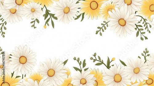 Daisies frame or border, Seamless flower background. Floral holiday background for wedding invitations, greeting cards, banners. Place for text, generative ai