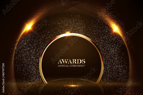 Black and Golden Color Round Ring Circle Award Background. Luxury Background Graphics. Modern Abstract Template. Expensive Analog Time Clock watch. Golden Gradient Tunnel Hud Motion Look Design.