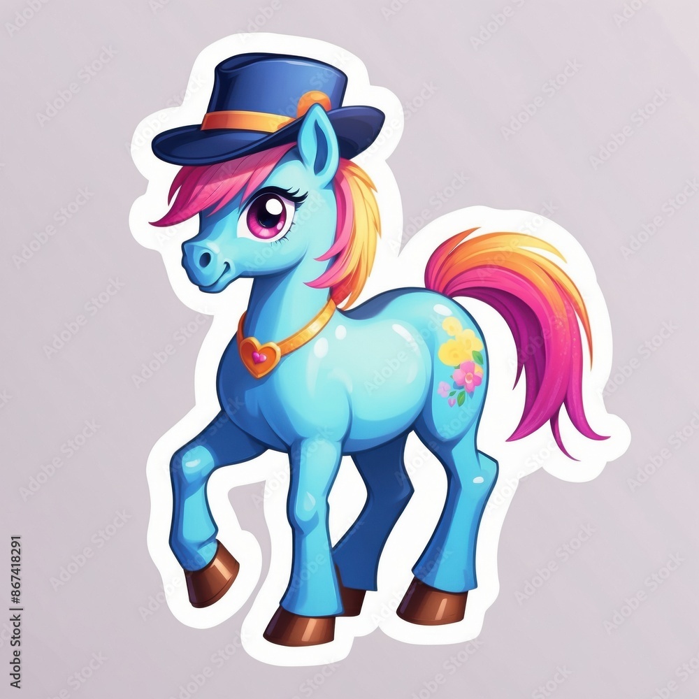 Sticker of a lovely baby pony horse wearing colorful hat. 3D cartoon style, isolated on a simple background. Sticker of a lovely baby pony horse wearing colorful hat. 3D cartoon style, isolated on a simple background.