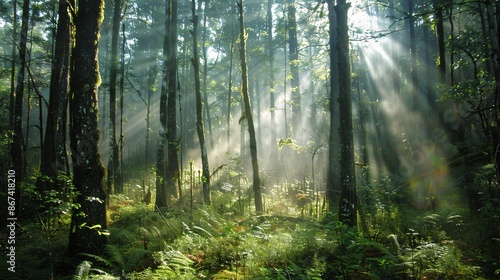 A dense forest bathed in ethereal morning light, with mist rising gently from the ground and rays of sunlight piercing through the tree canopy