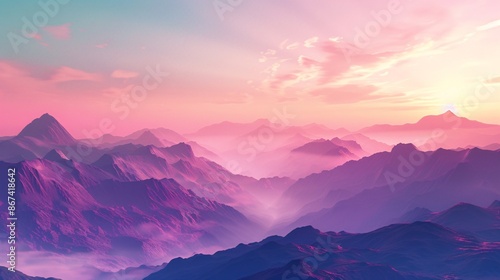 A stunning landscape showcasing a serene mountain range at sunrise with vibrant colors and clear skies