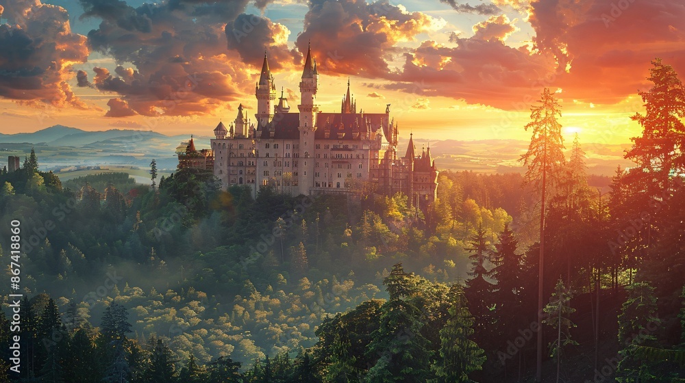 Naklejka premium Majestic castle with tall spires surrounded by lush green forests under a vibrant sunset sky