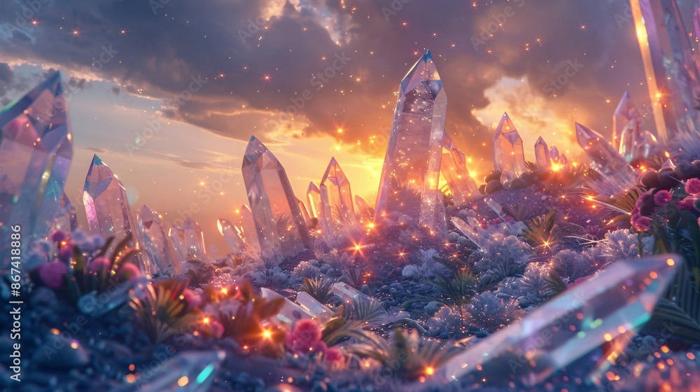 Fototapeta premium A mystical landscape with floating crystals in the air, radiating a warm, otherworldly glow that lights up the scene