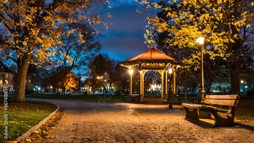 a park with benches and a gazebo in the background