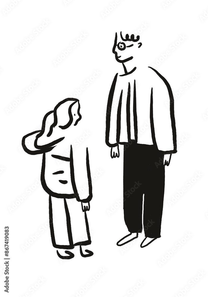 Set of doodle kids figures. Older brother and younger sister. Black and white illustration on a white background Set of doodle kids figures. Older brother and younger sister. Black and white illustration on a white background