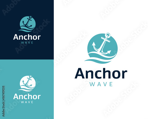 Anchor wave logo. Anchor with wave icon logo design illustration. Anchor wave logo design inspiration.

