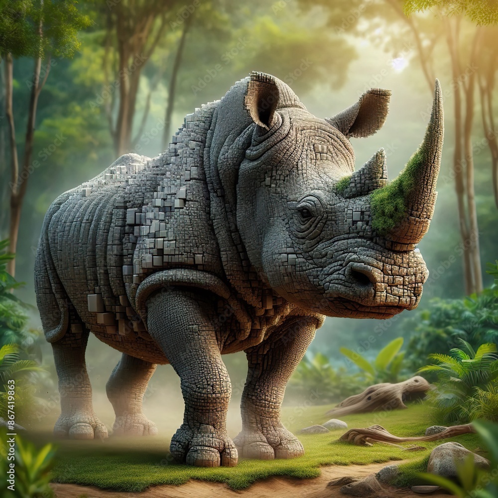 Fototapeta premium a hyperrealistic picture of a rhinoceros that looks normal at the front but falls apart in little cubes