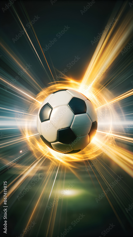 Fototapeta premium a soccer ball in motion, with a bright sun flare effect around it