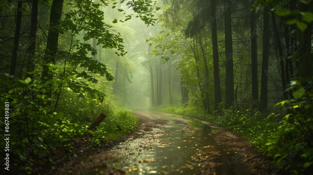 Obraz premium A forest path with rain-drenched foliage.