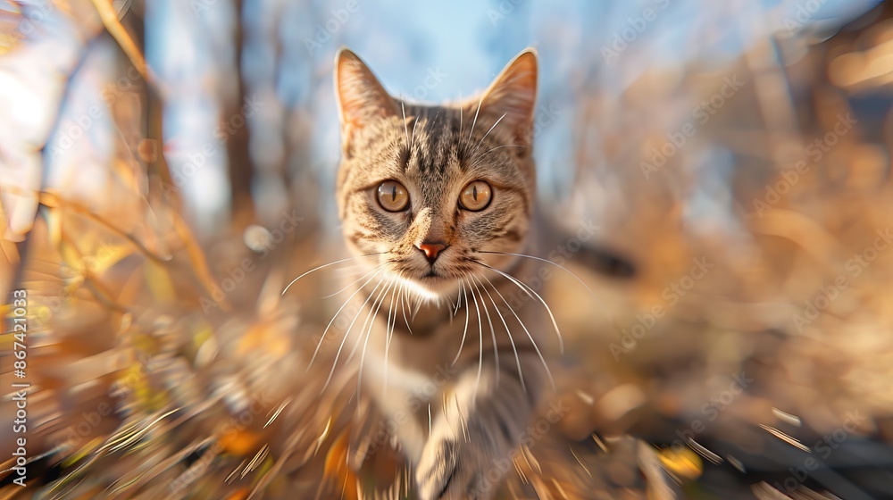 Cat running in the wild on a sunny day, motion blurred, high speed, front view, 3d real photo Cat running in the wild on a sunny day, motion blurred, high speed, front view, 3d real photo