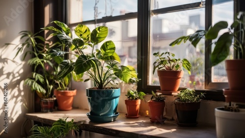a room with a plant in a pot next to a window