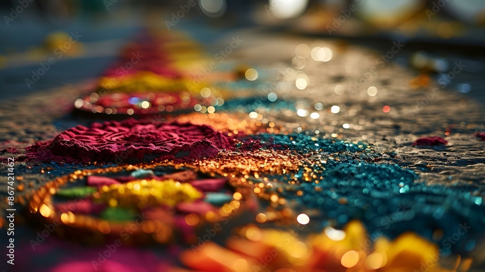 Fototapeta premium Vibrant flowers and colorful powder scattered on the ground, creating a beautiful and festive scene.