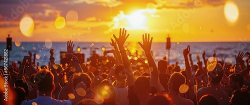 Large Crowd Enjoying Sunset Music Festival on Beach
