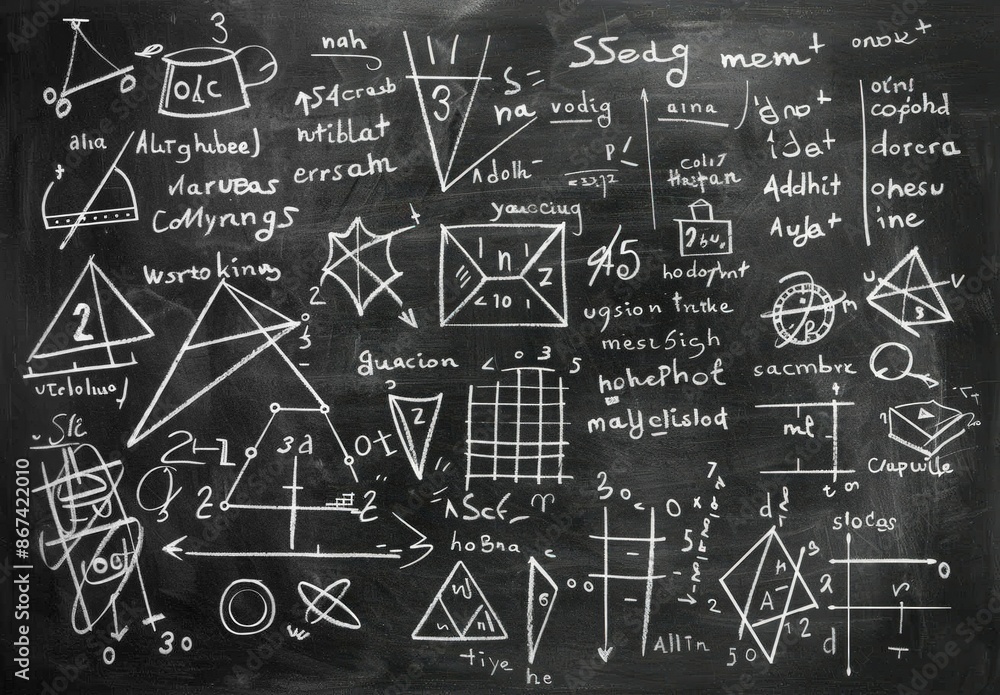 Innovative Ideas: Hand-drawn Flowchart on Chalkboard with Mathematical Symbols and Geometric Shapes Innovative Ideas: Hand-drawn Flowchart on Chalkboard with Mathematical Symbols and Geometric Shapes