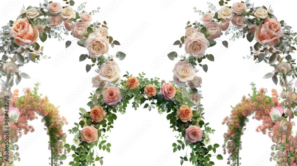 A beautiful wedding arch decorated with fresh flowers and lush greenery, ideal for ceremony backdrops or photo shoots A beautiful wedding arch decorated with fresh flowers and lush greenery, ideal for ceremony backdrops or photo shoots