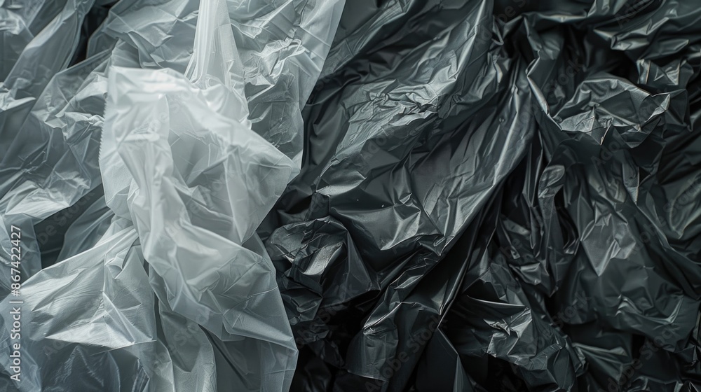 A close-up image of a plastic bag in black and white tone, suitable for use as a abstract background or to illustrate waste management themes A close-up image of a plastic bag in black and white tone, suitable for use as a abstract background or to illustrate waste management themes