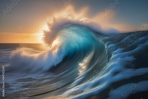 Majestic wave crests, illuminated by golden sunlight. 