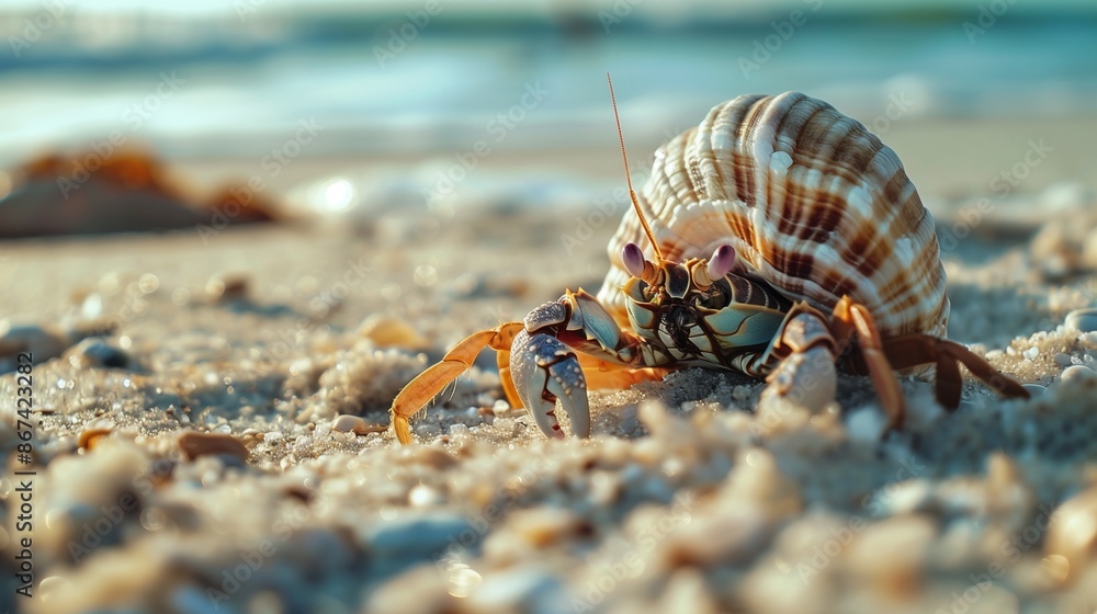 A hermit crab emerging from its shell, cautiously exploring the sandy shore. A hermit crab emerging from its shell, cautiously exploring the sandy shore.
