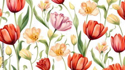 Seamless flower background, pattern with delicate tulip flowers on a white background. Floral repeat pattern with elegant flowers for fabrics, wedding invitations, wallpapers, banners, generative ai