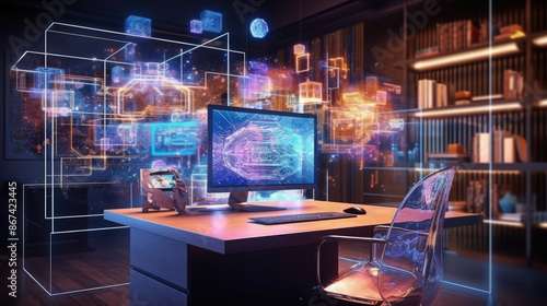 Modern workspace with AI super quantum computer with reflection. Abstract glowing hologram on screen. Optical illusion. Office background. Digital world, generative ai