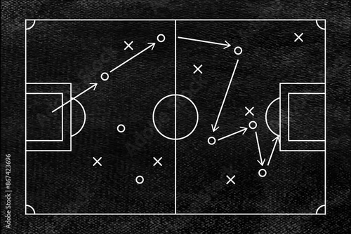 Soccer strategy football game tactical scheme drawing on chalkboard texture. Sport infographics.