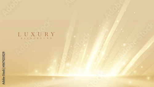 Elegant golden merchandise display background decorated with sparkle and bokeh effects.
