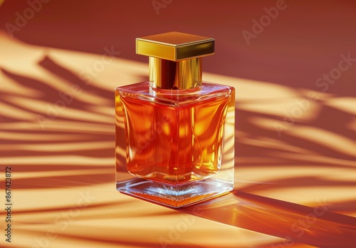 Glass Perfume Bottle With Gold Cap On Orange Background