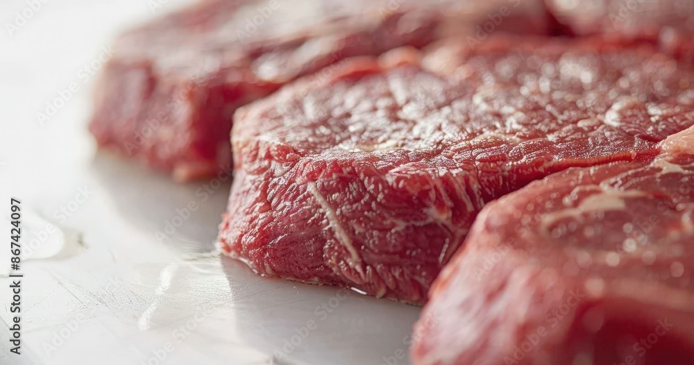  Fresh Beef Steaks on a Cutting Board, Close-up