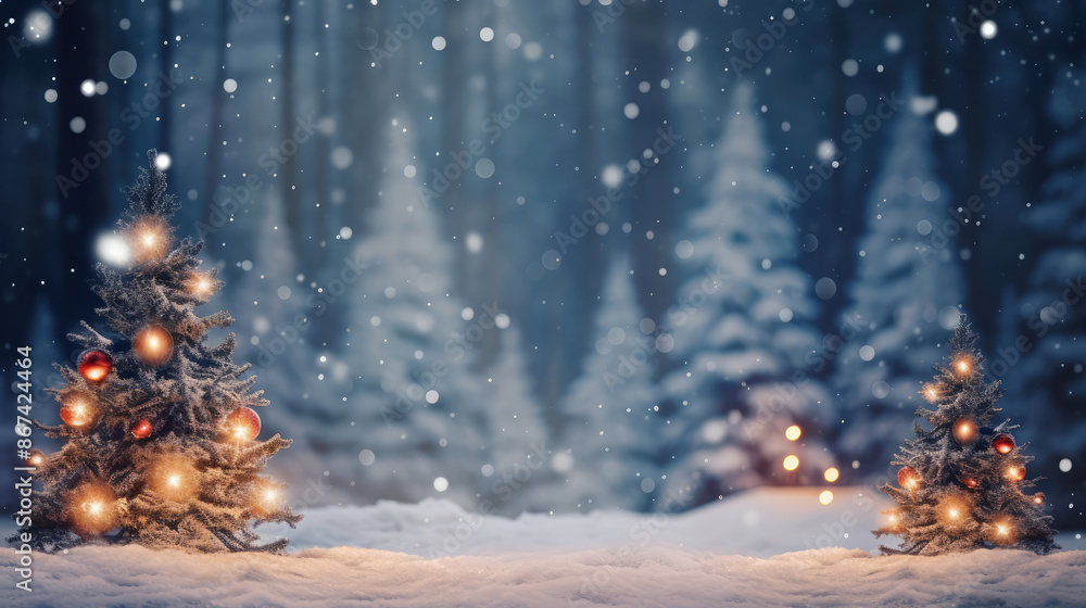 Naklejka premium Christmas tree and bokeh lights in vintage style. Beautiful forest in snow landscape. Christmas and New Year holidays background., generative ai