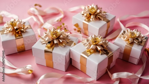 Wallpaper Mural three white gift boxes with gold ribbons and flowers on a pink background Torontodigital.ca