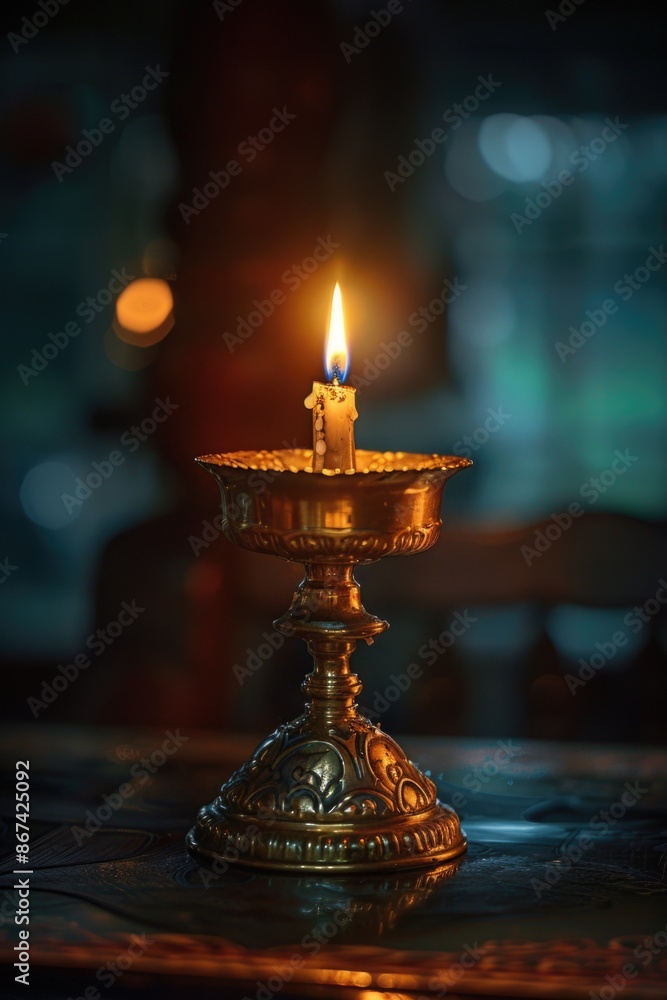 A single lit candle placed on a table surface A single lit candle placed on a table surface