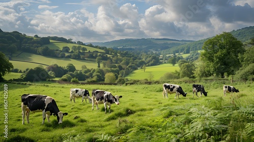 A herd of dairy Holstein cattle grazing in field allong the Wye Valley in the peak District of Derbyshire. Peaktor or Pictor in the background. 