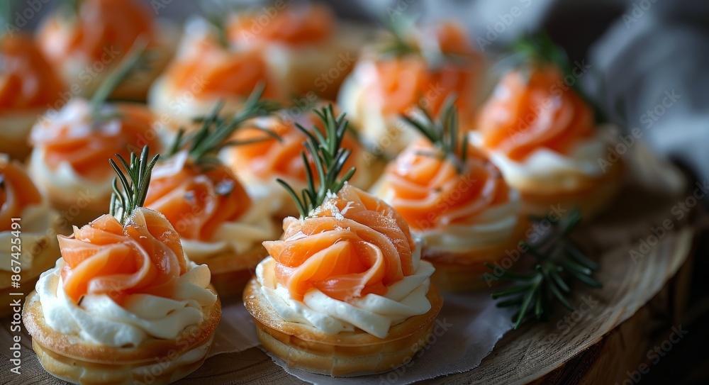 Gourmet Smoked Salmon and Cream Cheese Canapes With Rosemary Garnish Gourmet Smoked Salmon and Cream Cheese Canapes With Rosemary Garnish
