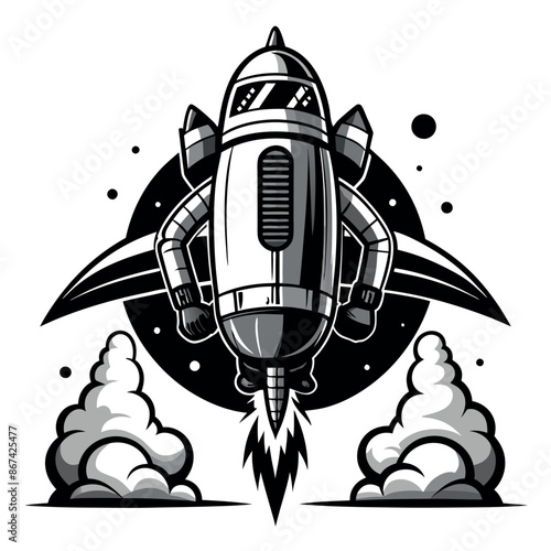 children's coloring book adorable rocket ship spacecraft in black and white simple line art on space
