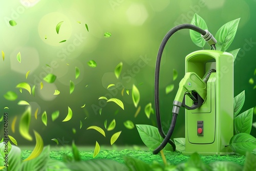 This image depicts a green fuel pump surrounded by leaves, symbolizing eco-friendly energy, sustainable practices, and an environmentally conscious approach to fuel consumption. photo