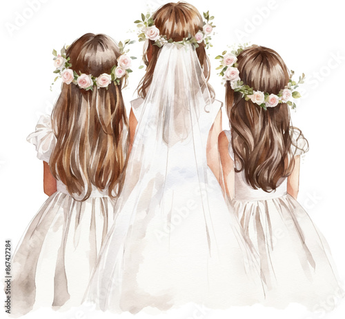 Three little girls in white gown and veil. First Communion watercolor illustration