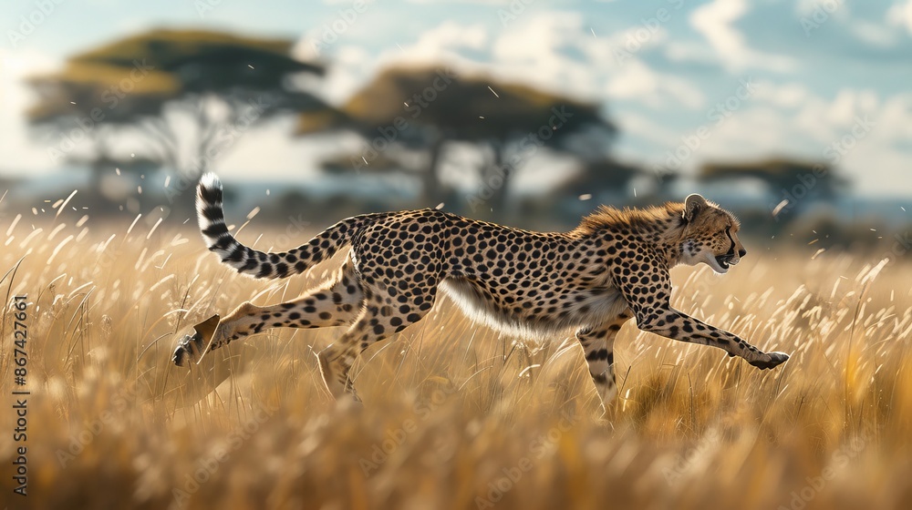Fototapeta premium Cheetah Running Through Tall Grass in the African Savanna